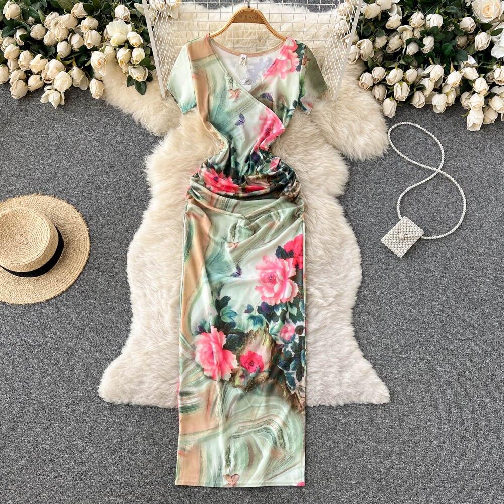 

RUGOD 2022, весеннее новое винтажное платье с изображением маслом знаменитостей, сексуальная сумка с v-образным вырезом, платье до бедра с разрезом и короткими рукавами, длинное платье выше колена S зелёный