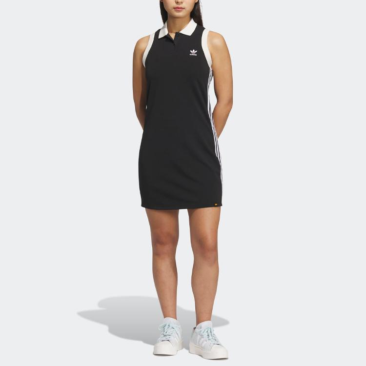 Adidas Originals X Monkey Kingdom Collaboration Spicy Girl Series Color Block Polo Neck Sleeveless Dress Women Dresses Black IP1779