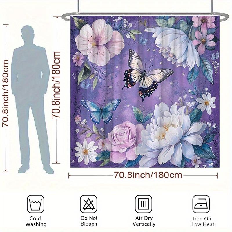 Butterfly & Flower Shower Curtain - Blue & Black Butterflies, Flowers on Purple, 70.8x70.8 Inches, 12 Hooks, Washable Polyester