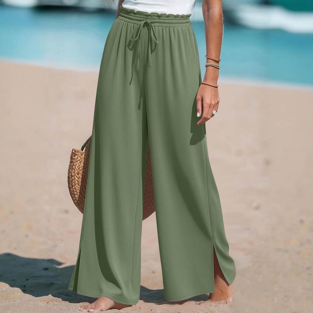 Women Wide Leg Split Pants Drawstring Waist Pockets Casual High Waist Pleated Beach Trousers Lightweight Loose Fit