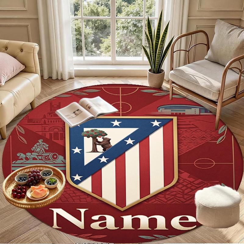 Tapis rond personnalisé avec nom imprimé Atletico Madrid, Tapis polyvalent pour la décoration de la maison, pour salle de jeux, appartement, balcon, entrée, couloir Cadeau