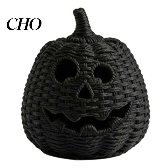 Lanterne LED pour l'Automne Panier Citrouille Tissé à la Main avec Couvercle Chapeau de Sorcière, Panier Osier Rustique Trick Black Tressé Accessoire d'Halloween ou Panier de Friandises Intérieur Extérieur