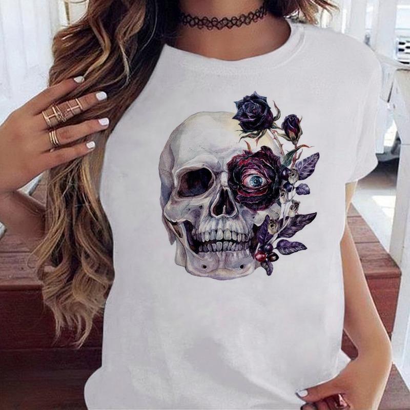 Fashion Skull Flower Print Women T Shirt Summer Casual Short Sleeve O Neck Women Tshirt