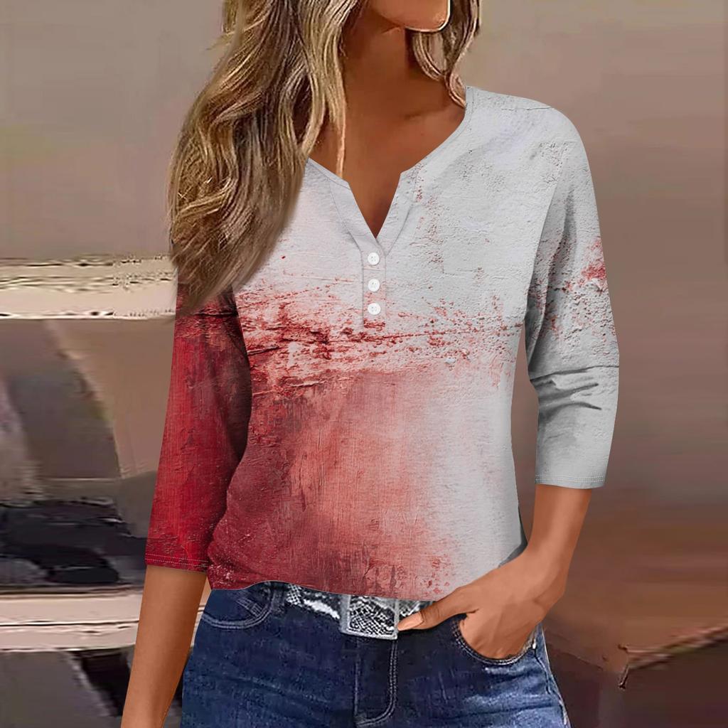 Women's Fashion Casual Halloween Printed V.Neck Short Sleeve Decorative Button Three.quarter Sleeve T-shirt Tor