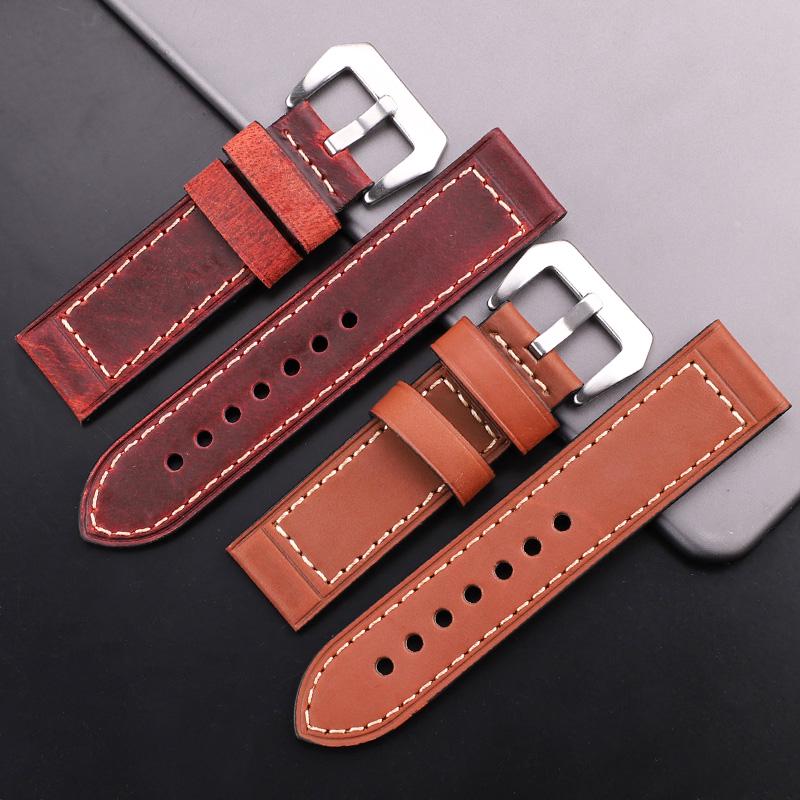 Watchband Handmade Leather Watch Strap Band Retro Cowhide Design In Black Brown Red Fits 22mm 24mm Watches Buckle Fastening Watchbands