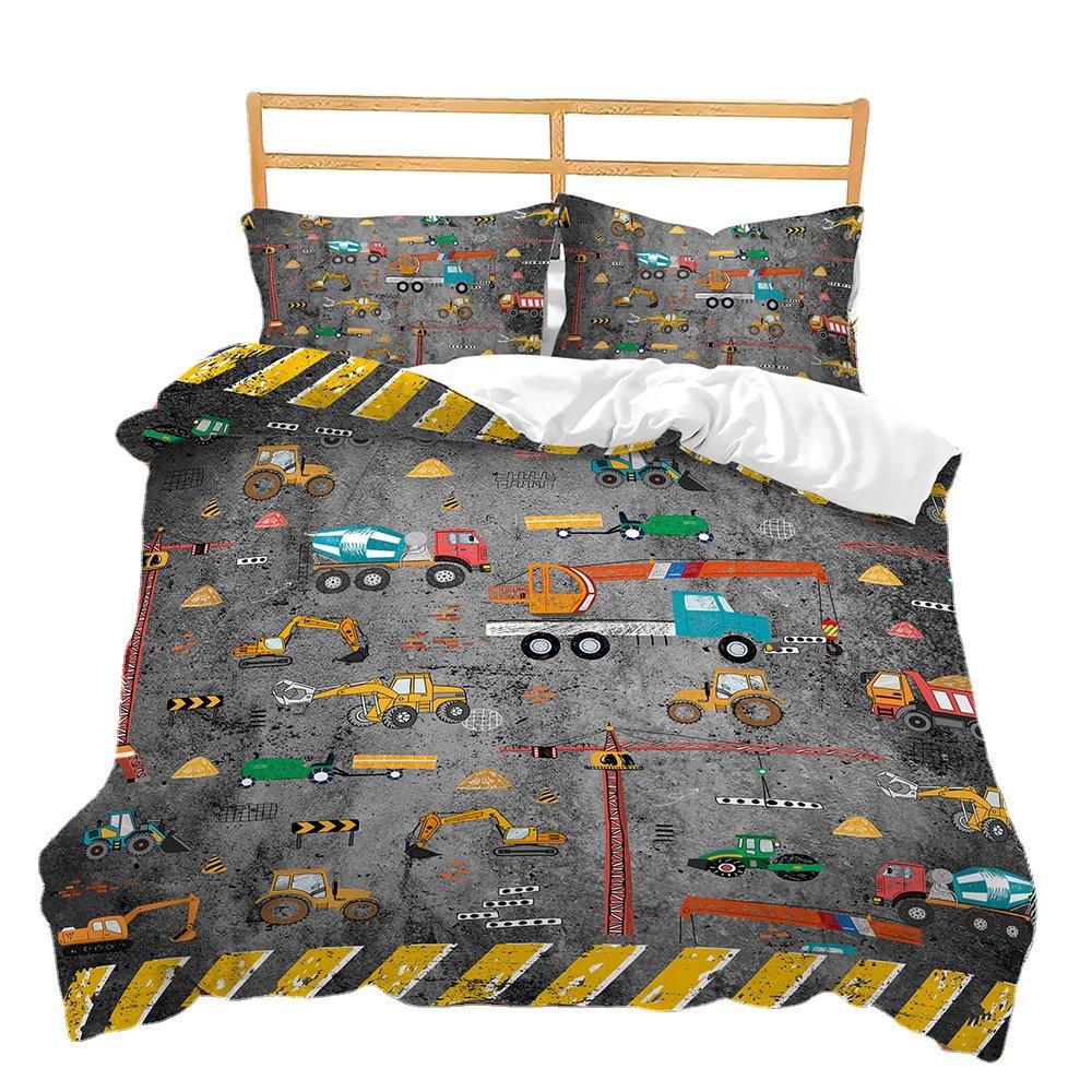 Construction Vehicle Excavator 3D Digital Printing Bed Three-Piece Quilt Kit