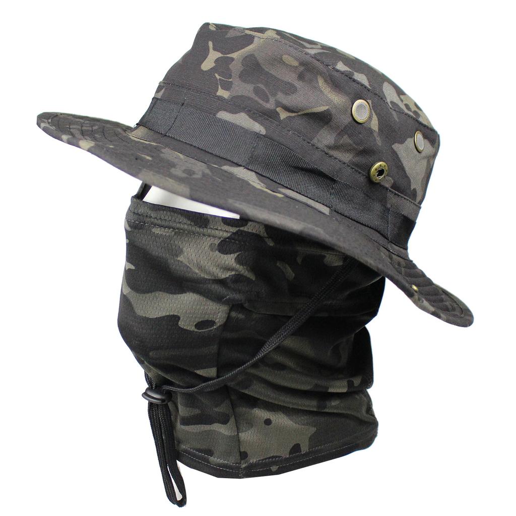 Camouflage Fischerhut mit Gesichtsmaske 2er Set Outdoor Taktischer Anglerhut Sommer Sonnenschutz für Wandern Training