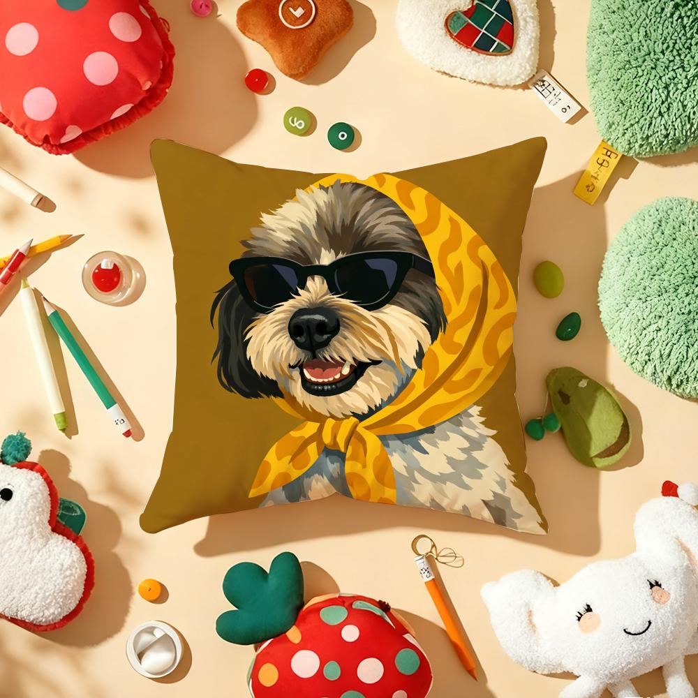 Dog Wearing A Hat Cushion Cover Plush Fabric Soft Double-Sided Printed Sofa Warm Winter Home Child Gift Pillow Case