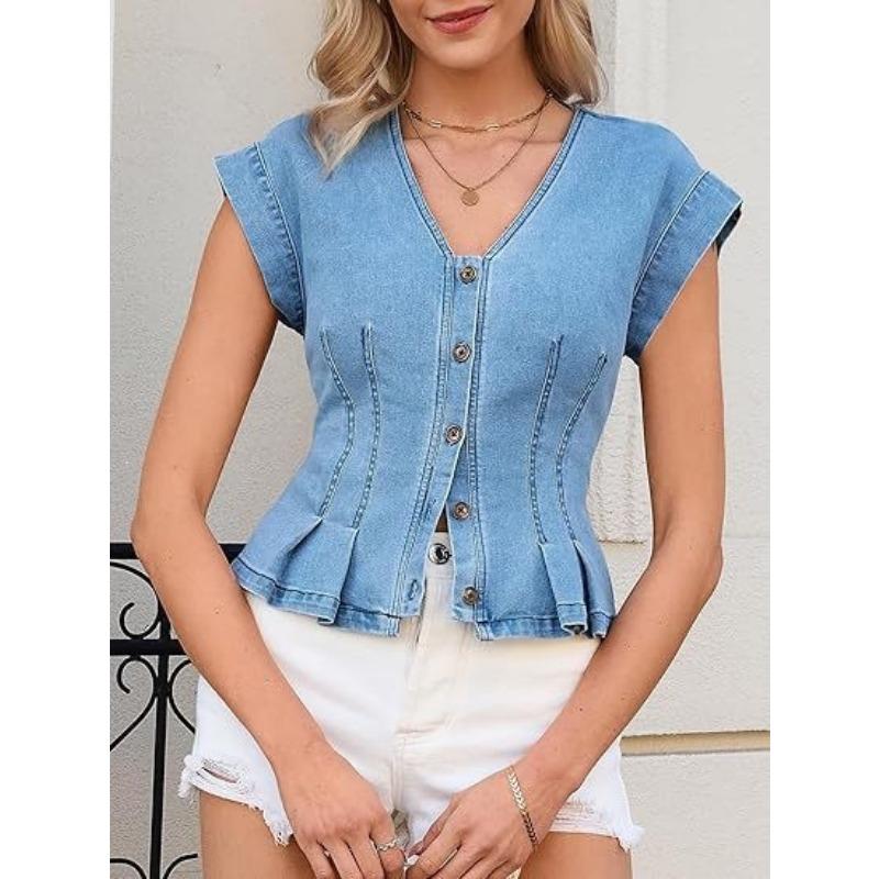 Women S V Neck Denim Vest Buttoned Slim Fit Casual Short Top
