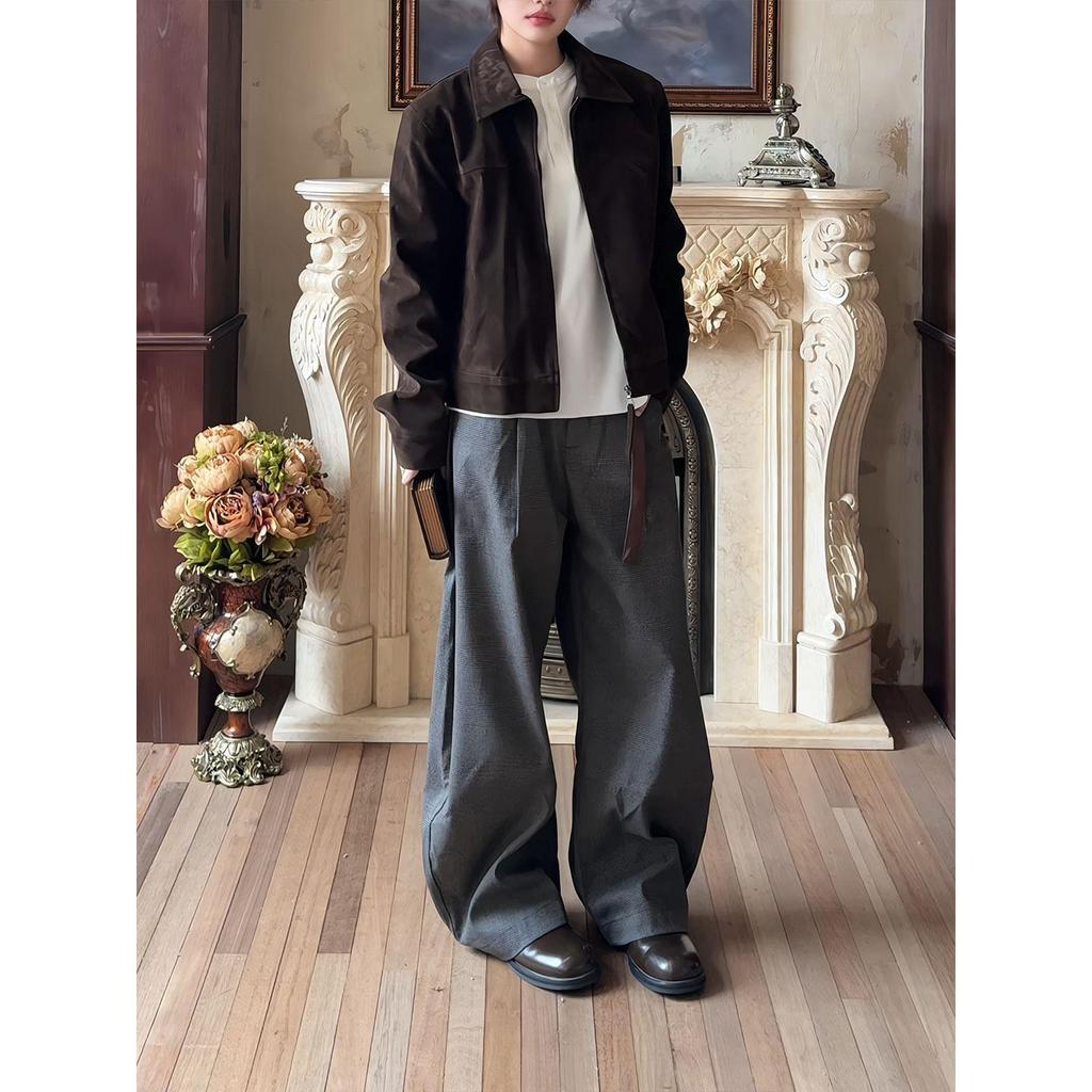 Αμερικανικό Δερμάτινο Μπουφάν Bomber από Σουέτ Ελαφιού: Unisex κοντό στυλ σε πολυτελές καφέ, ελαφρύ ρούχο εργασίας εμπνευσμένο από την Κορέα