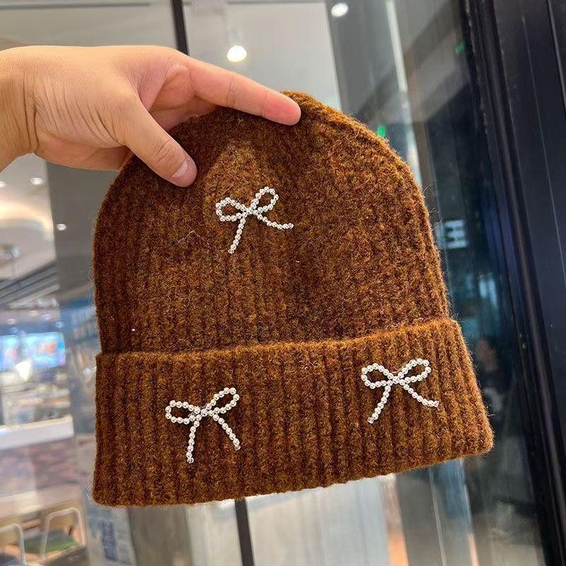 

Вязаная шерстяная шапка с бантом для женщин на осень и зиму, теплая, универсальная, для большого обхвата головы, холодная шапка для студентов Adjustable