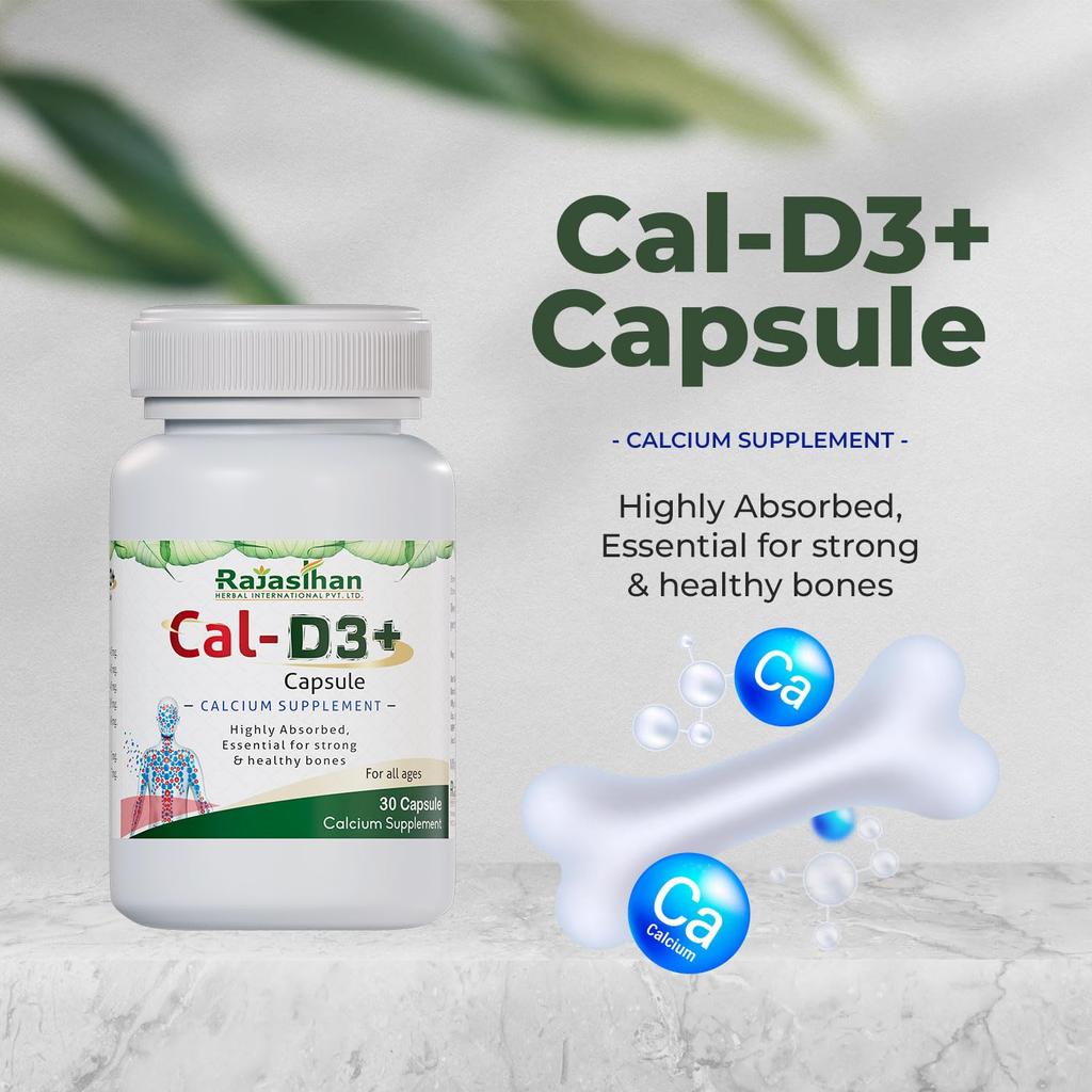 Cal-D3+ Capsules by Rajasthan Aushdhalaya | Calcium Supplement |Strong & Healthy Bones -Pack of 2 X 30 Capsules