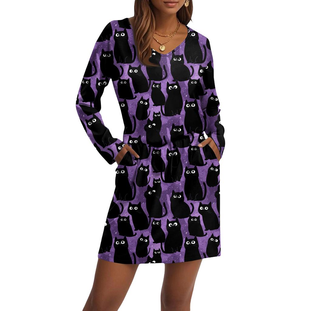 Women's Fashionable V-neck Long Sleeved Drawstring With Pocket Halloween Printed Casual Dress