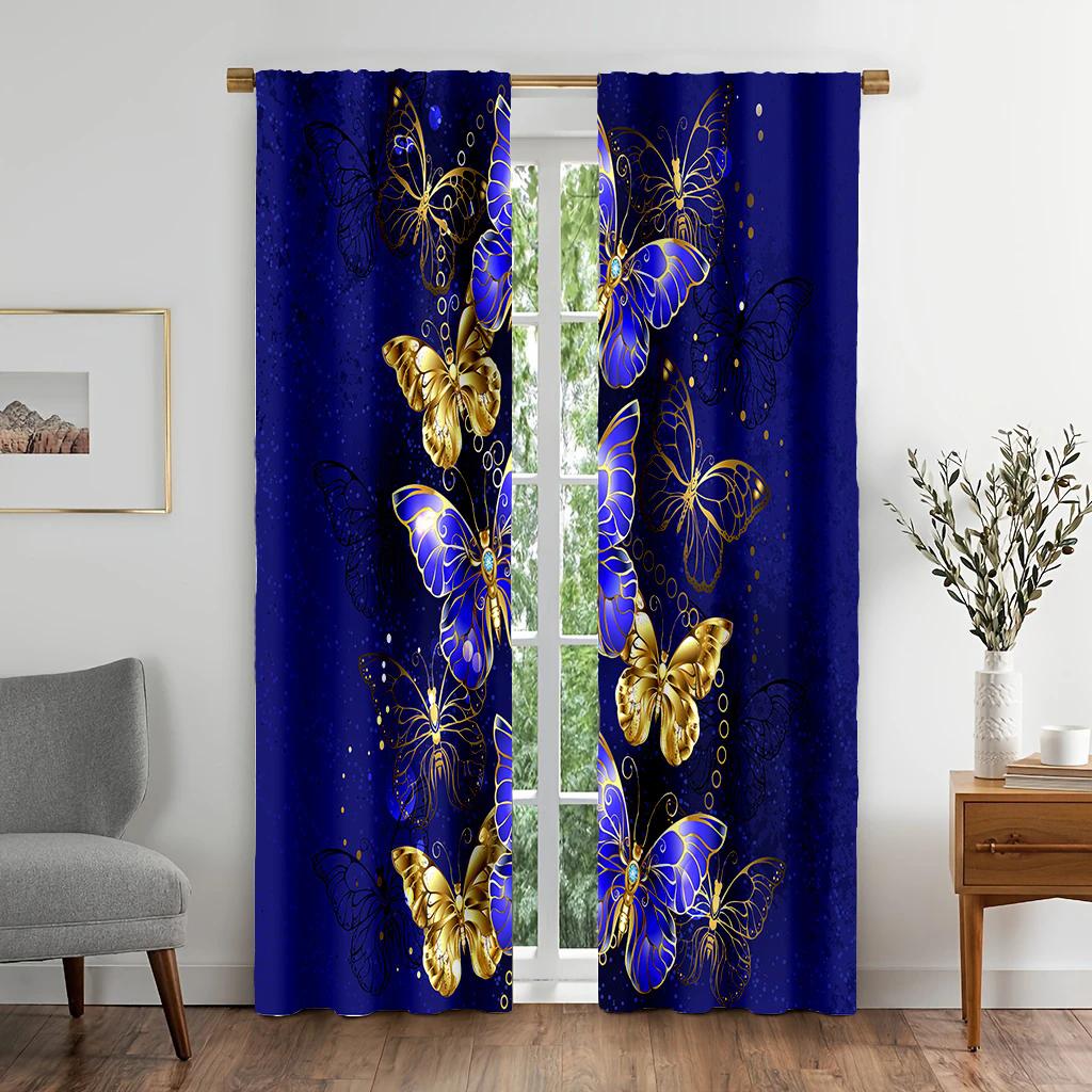 Dark Blue Butterfly Printed Curtains Home Decoration Room Curtain Made Of Polyester