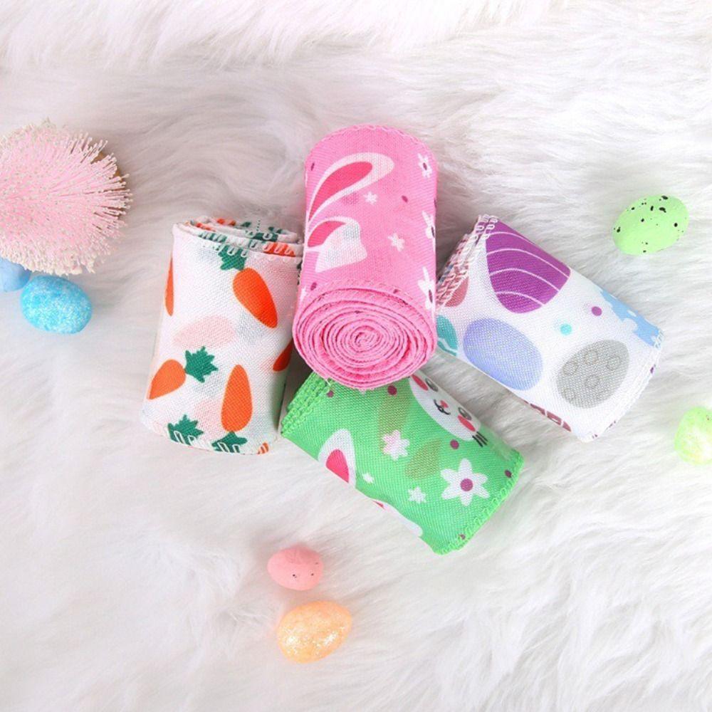 Vibrant Colors Easter Ribbon Easter Egg Print Bunny Egg Carrot Print DIY Bow Ribbon Iron Wire Edge Cartoon Rabbit Print