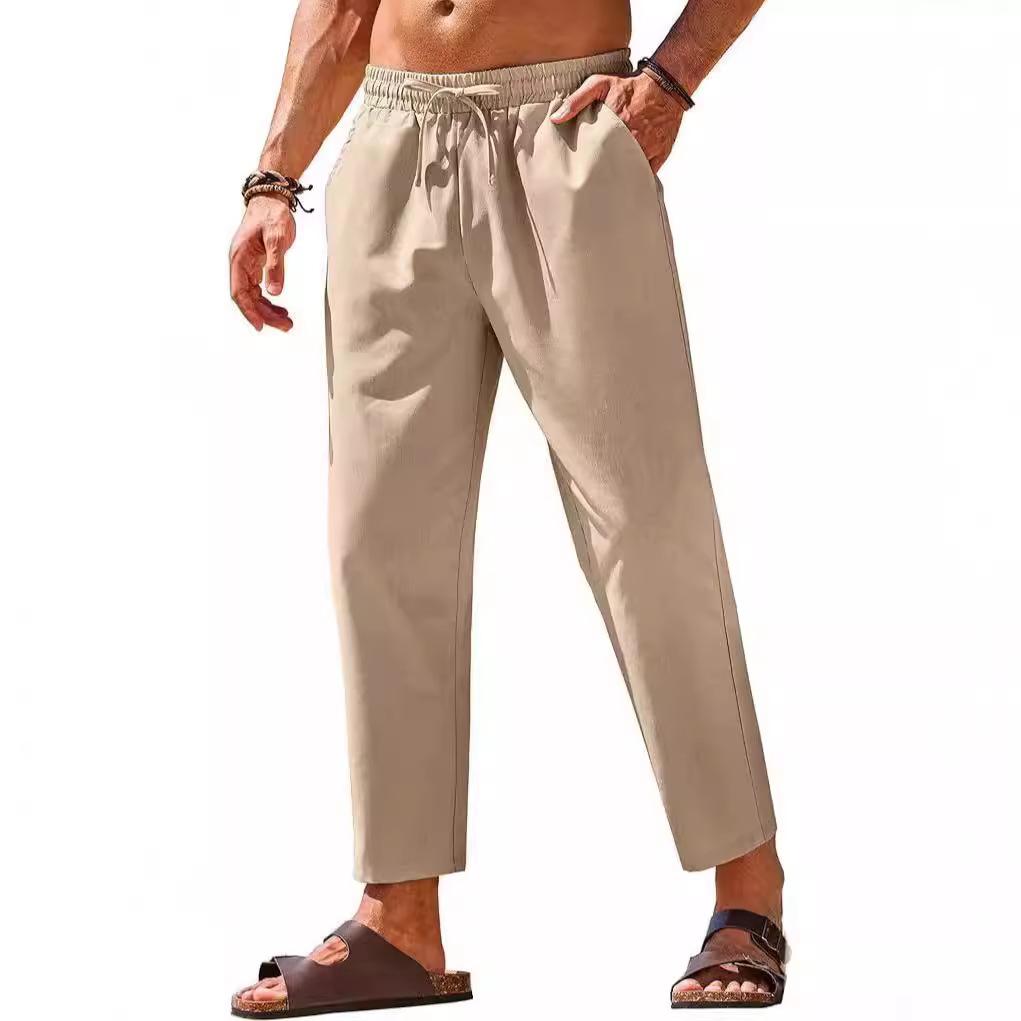 New Men's Linen Casual Pants Elastic Waist Drawstring Pants Yoga Beach Summer Trousers