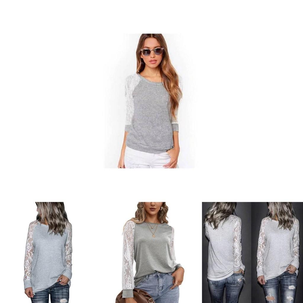 Korean Style Womens Lace Panel Long Sleeve Slim Fit Blend Round Neck Casual Top