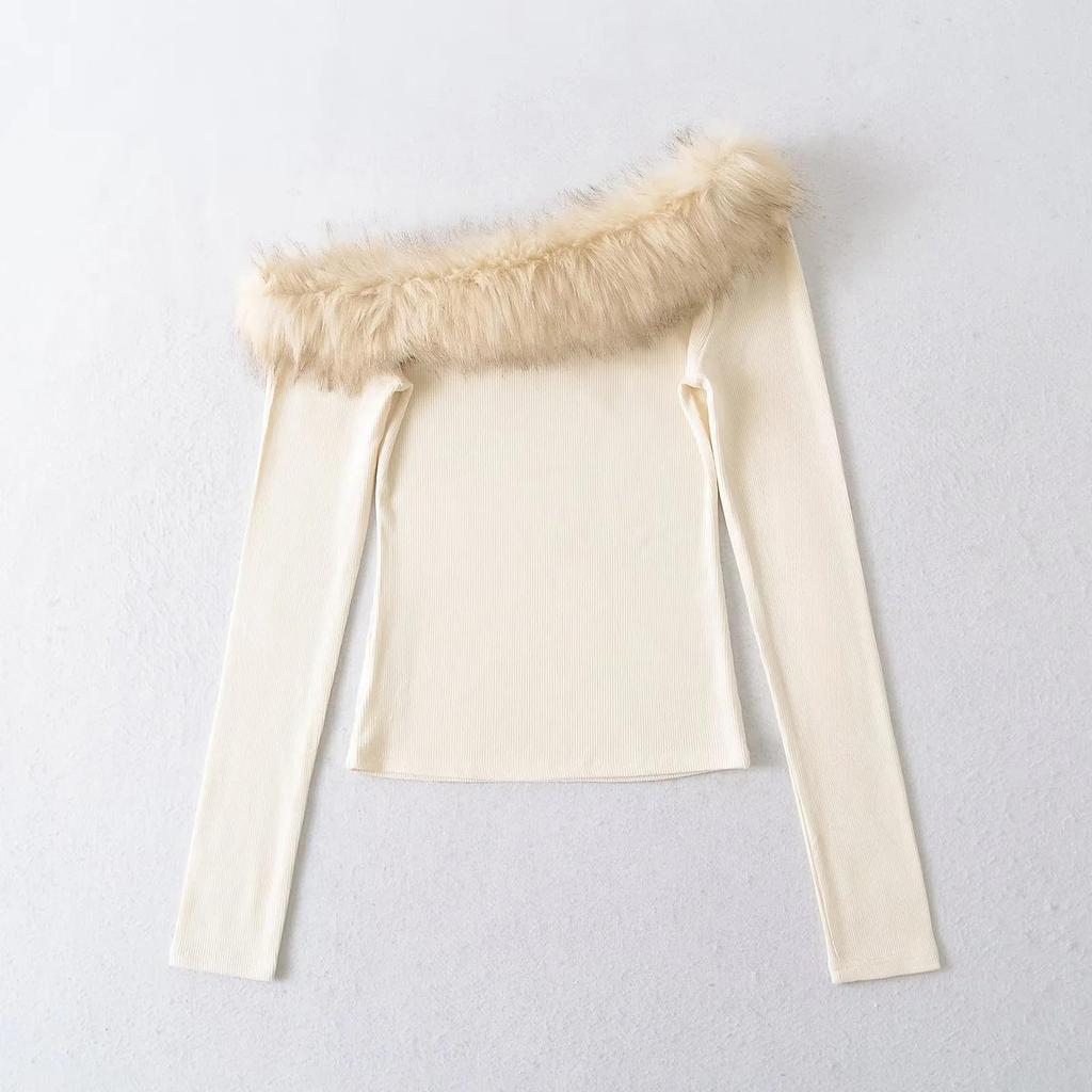 Pure Desire One-Shoulder Faux Fur Collar Patchwork Long Sleeve Women's Autumn Top