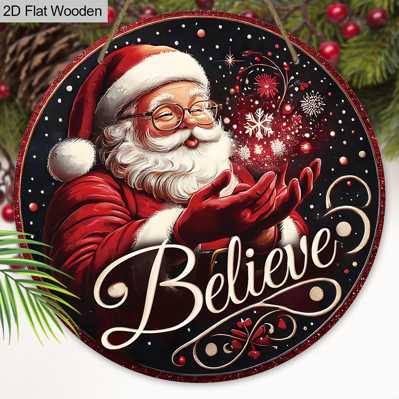 Believe Wooden Christmas Sign with Santa Claus Pattern - Navidad Round Sign for Front Door, Wall Hanging Decor - Ideal Christmas Ornament