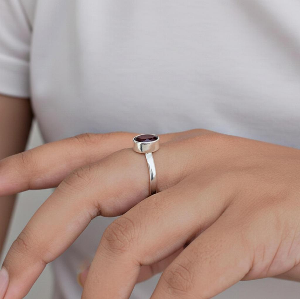 Red Garnet Oval Cut Stacking Ring for Women, 925 Sterling Silver Jewelry, Minimalist Everyday Wear Ring