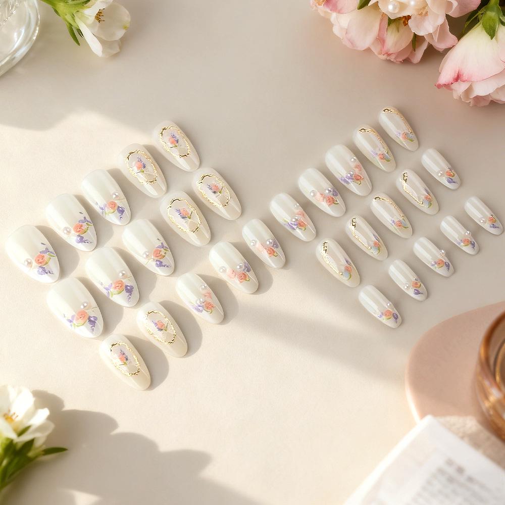 30pcs 3D Floral French Almond Fake Nails for Spring/Summer Manicures