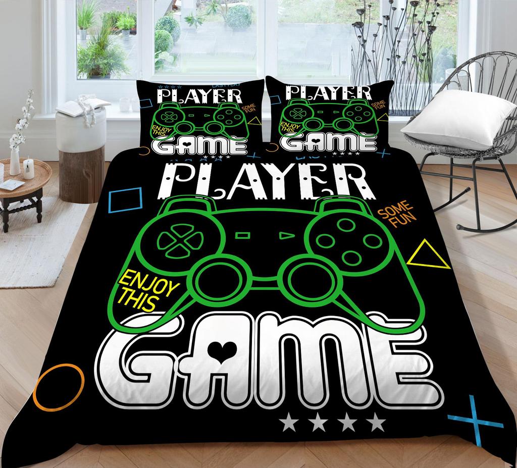 3D Bedding Single Double Bed Game Machine Printed Pillowcase and Quilt Cover 2/3 Pieces for Boys and Men Game Lovers Comfortable Household Bedding