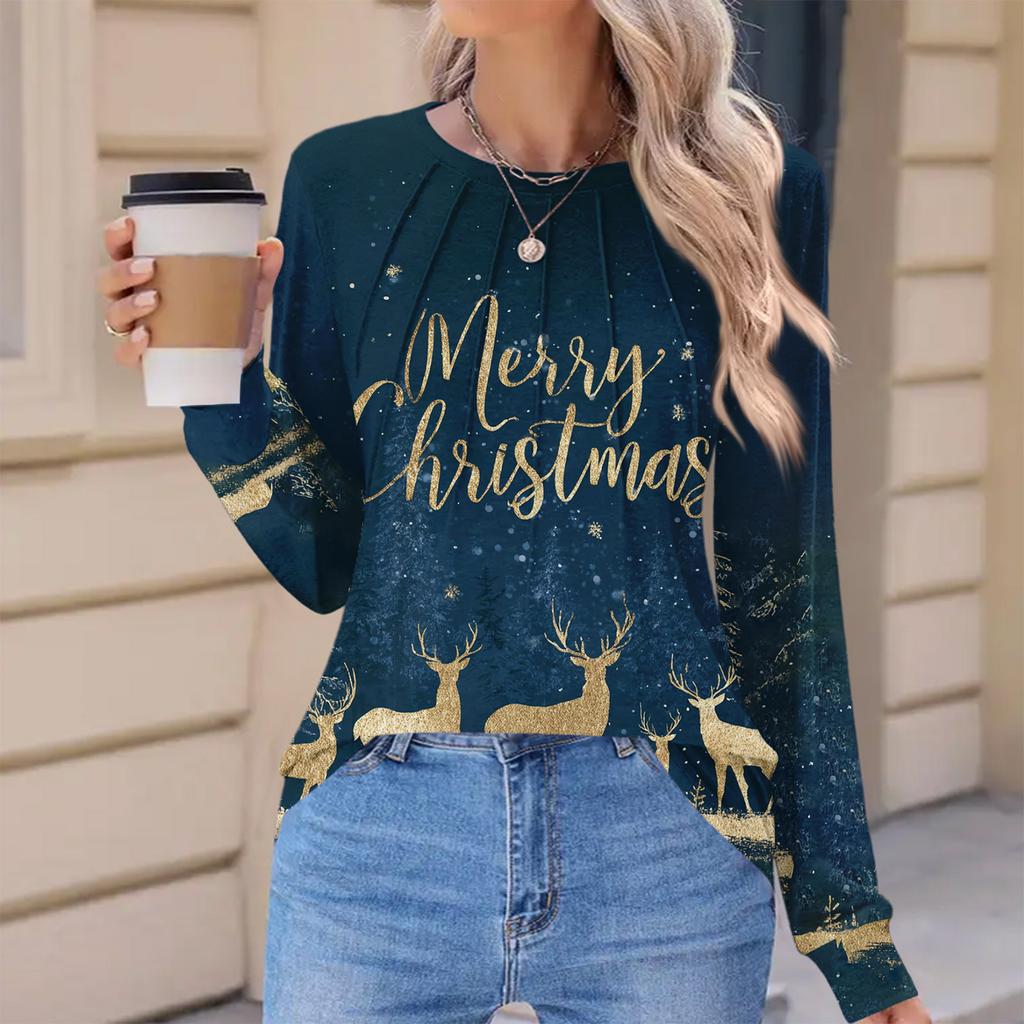 Women's Fashionable Casual Christmas Printed Pleated Comfortable Round Neck Loose Long Sleeve T-Shirt Top