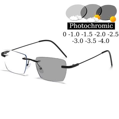 Ultraleichte randlose photochrome Myopiebrille für Damen und Herren Blaulichtfilter Computerbrille Kurzsichtig UV-Sonnenbrille