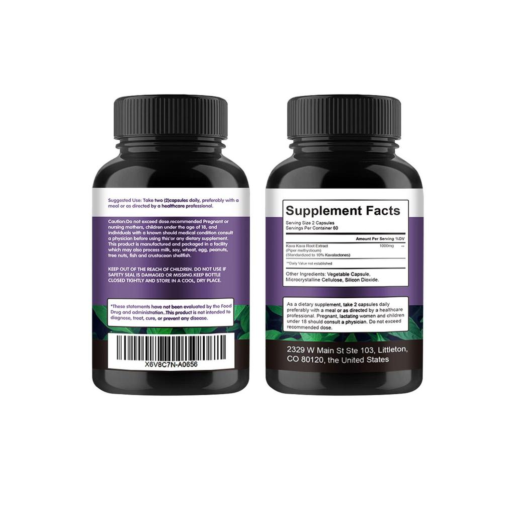 Kava root extract capsules, 1000mg high concentration of kava plant extract per serving, suitable for adults.