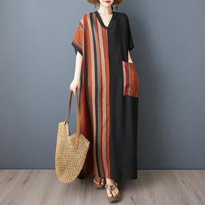 The Real Shot Is Summer Fat Mm Thin Cotton and Linen To Cover The Belly Thinness V-neck Short-sleeved Contrasting Color Splicing Black Long Dress.