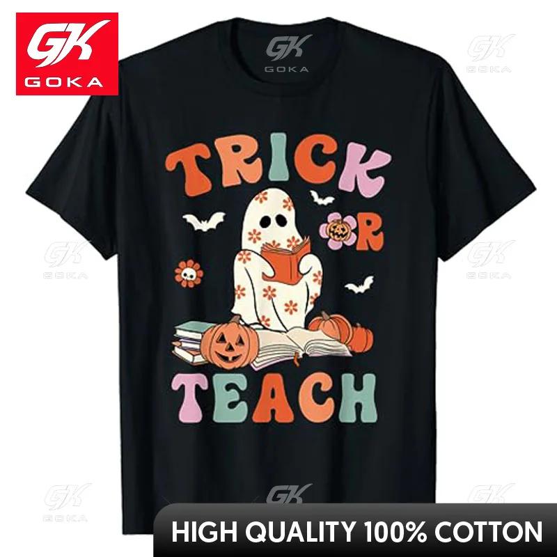 Groovy Halloween Trick or Teach Retro Floral Ghost Teacher TShirt Humor Funny Teacher Costume Gifts Horror Style Graphic Tees