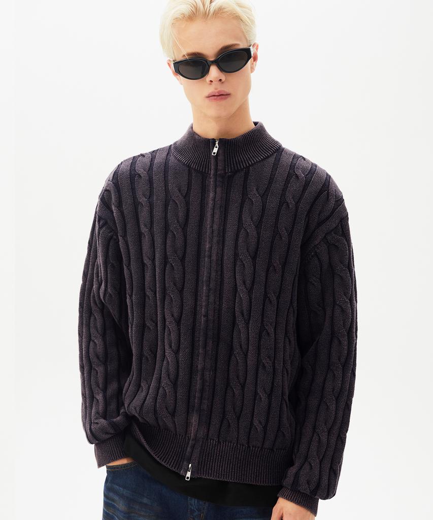 TRILLION Vintage Washed Cable 2-Way Zip-Up Knit (Plum Navy)