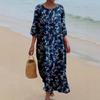 Dámské volné midi šaty s tříčtvrtečním rukávem, kulatým výstřihem a potiskem v retro stylu