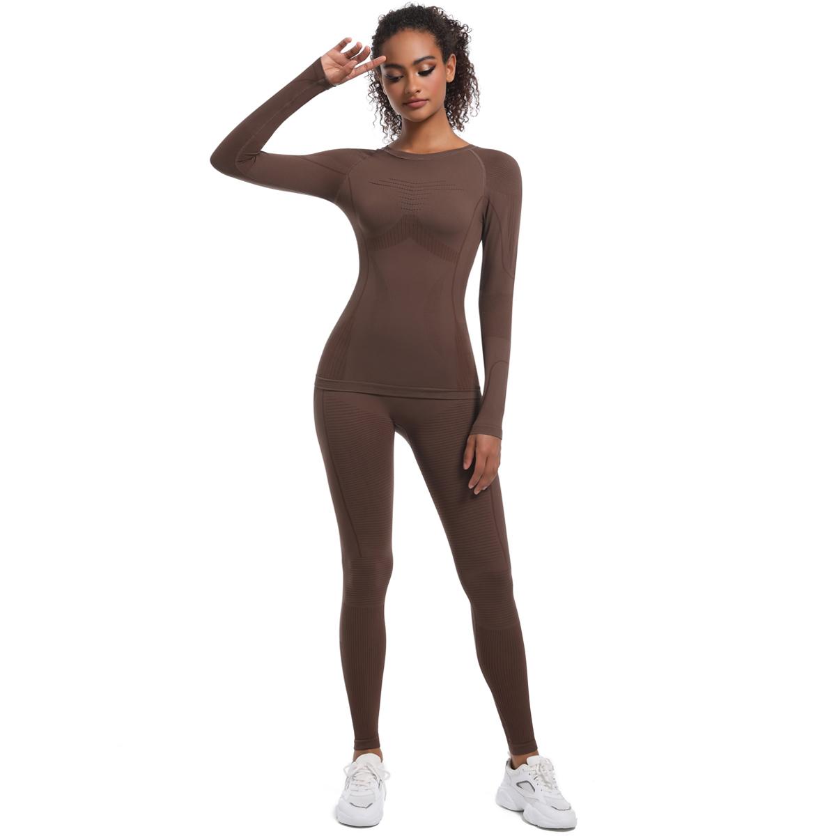 

Nessaj Спортивные костюмы с длинным рукавом для женщин, одежда для занятий йогой, фитнес-футболки с эффектом пуш-ап, бесшовные леггинсы, спортивная одежда L коричневый