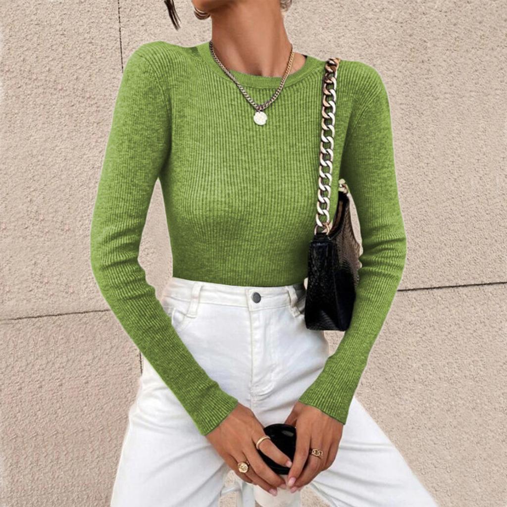 Damenmode Rundhals Enges T-Shirt Langarm Pullover Farbe Oberteil