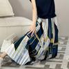 Qooth Women Summer Floral Printed Pleated Skirt Geometric Print High Waist Elegant A-line Long Skirt QT1670