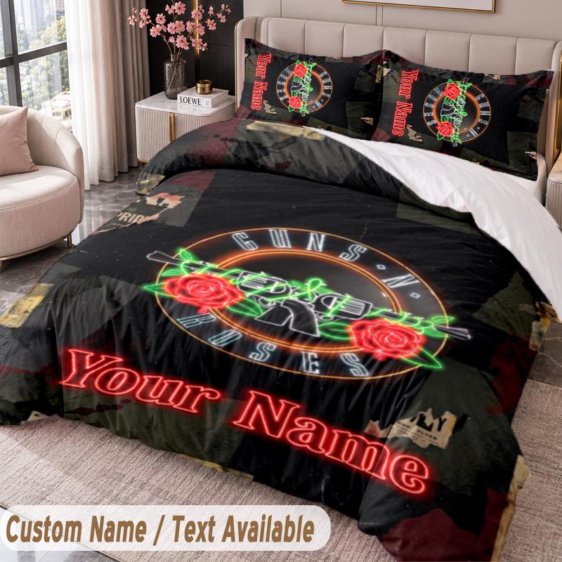 Guns N’ Roses Printed Bedding Set Custom Name Text 1 Duvet Cover 2 Pillowcases For Bedroom
