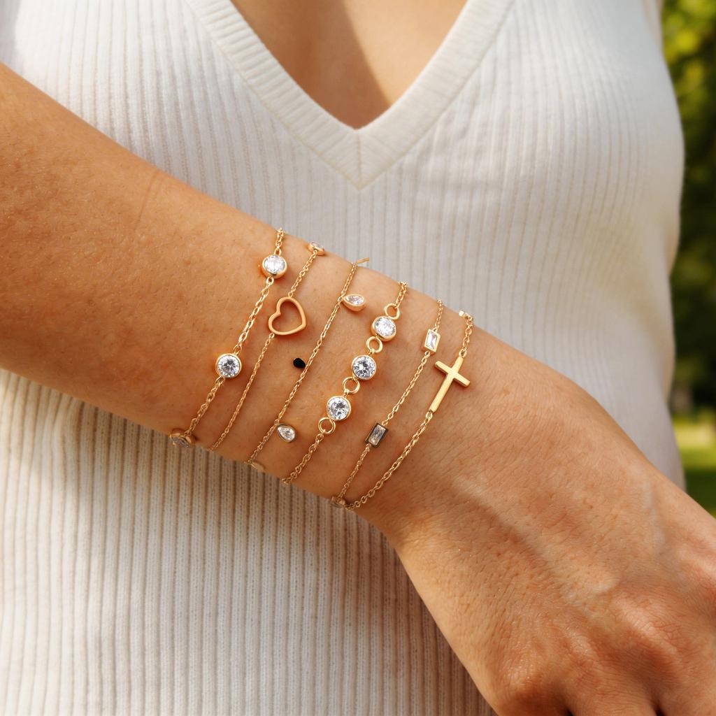 Fashion Elegant Zircon Charm Bracelet for Women Minimalist Heart Gold Color Thin Link Chain Bracelet Stainless Steel Jewelry Set