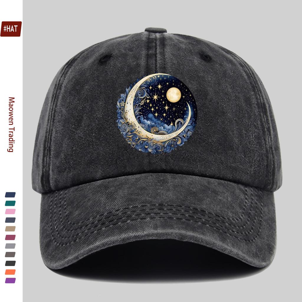 Pc Mysterious IronOn Patch Cosmic Night Sky Design Print Baseball Cap with Stars Swirling Clouds And Crescent Pattern Fash