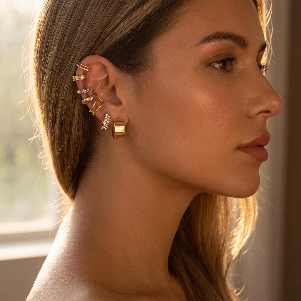 17KM 7 Pcs Gold Color Ear Cuff Set For Women No Piercing CZ Zircon Clip On Earrings Multi Style Stackable Cartilage Ear Clips Jewelry