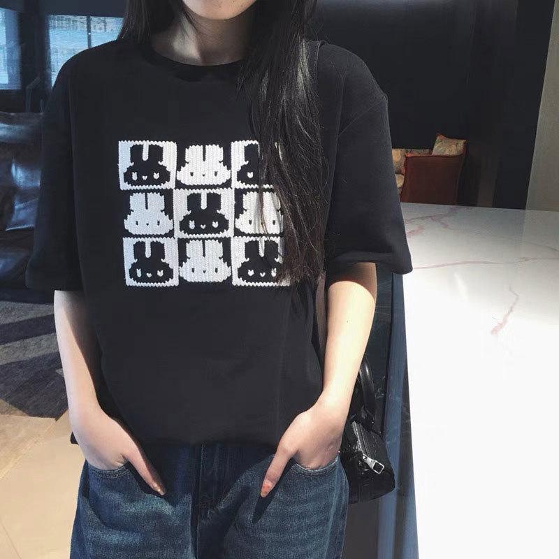 Pure Cotton Foreign Style Fashionable Simple Atmosphere Embroidery Mosaic Rabbit Round Neck Short Sleeve T-shirt Women's Loose Pullover