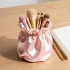 Pen Holder Large Capacity Makeup Brush Storage Holder with Soft Pink Satin Texture Design Stable Base Organizer for Home Dormitory