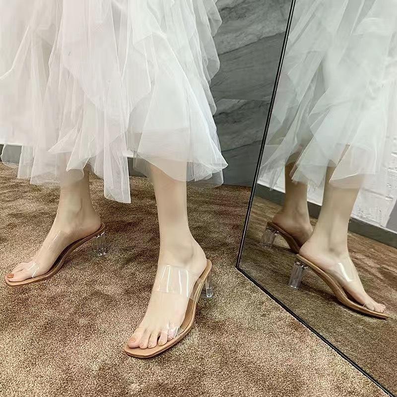 High heels sandals women's summer 2025 new fashion transparent middle heel crystal shoes fashion thick heel outer slippers