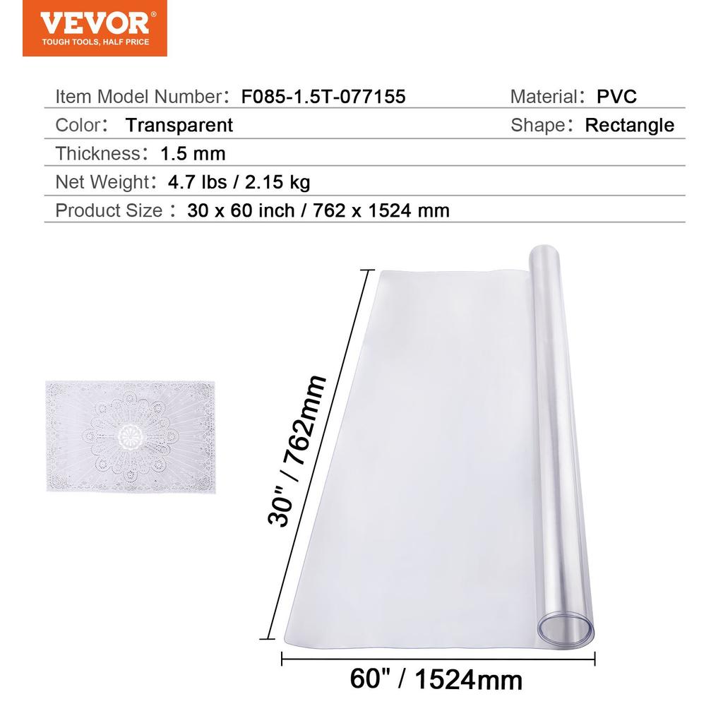 VEVOR Plastic Table Cover, 30 x 60 Inch 1.5 mm Thick Clear Table Protector, Rectangle PVC Desk Mat
