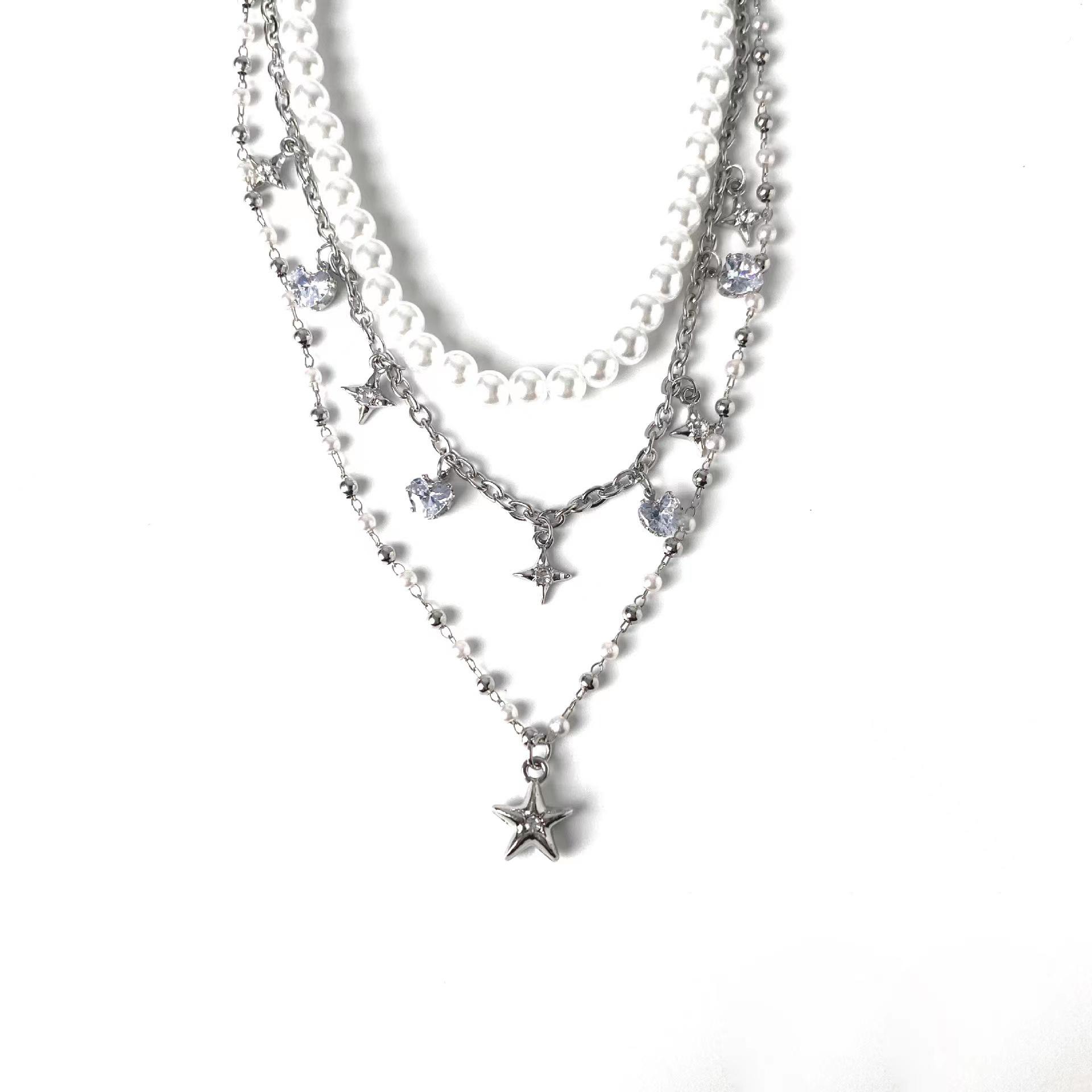 

Zircon star pendant, pearl necklace, women s double-layer stacked wear, light luxury niche collarbone chain, neck chain 1111 new accessories