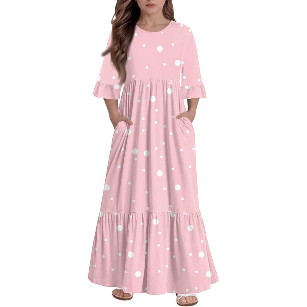 Girls' Tiered Ruffle Dress - 3/4 Sleeve Pocket Maxi With Pockets