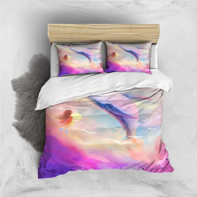 Valar och Flickor Digitaltryck Polyester Sängkläder Set Barn Överkast Pojkar Sänglinneset för Tonåringar sängklädesset blått och rosa Överkast