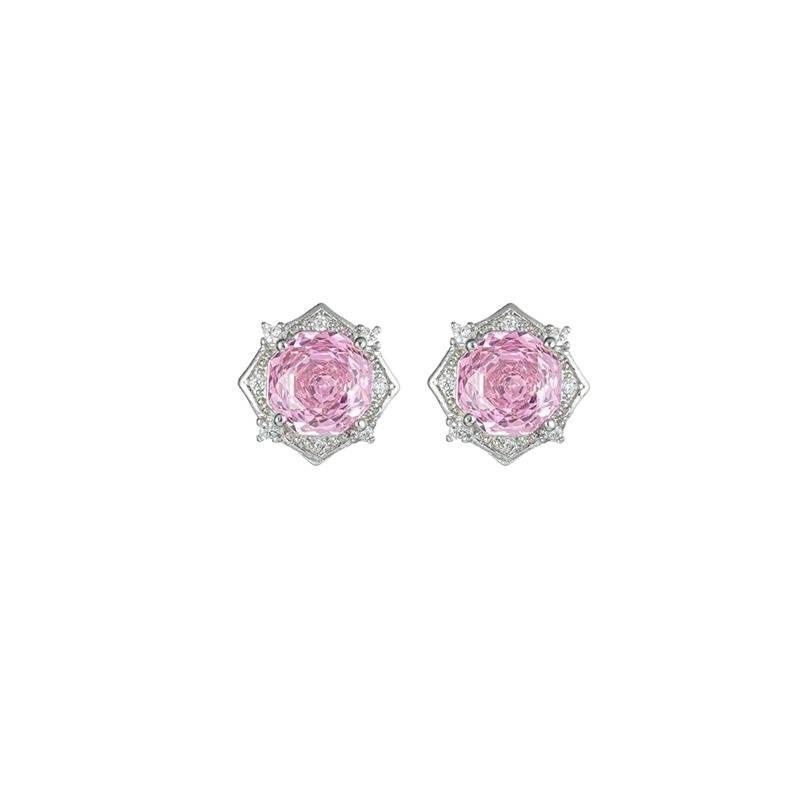 2026 New Fashion Crystal Flower Earrings Pink White Purple Stud Earrings Geometric Silver Color Jewelry For Women Girl Gift