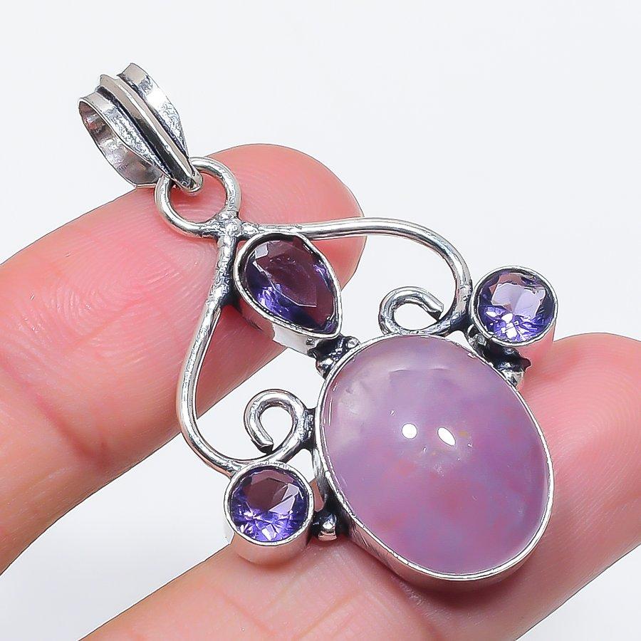 Natural Sage Amethyst, Amethyst 925 Sterling Silver Jewelry Pendant 1.89" d2V16