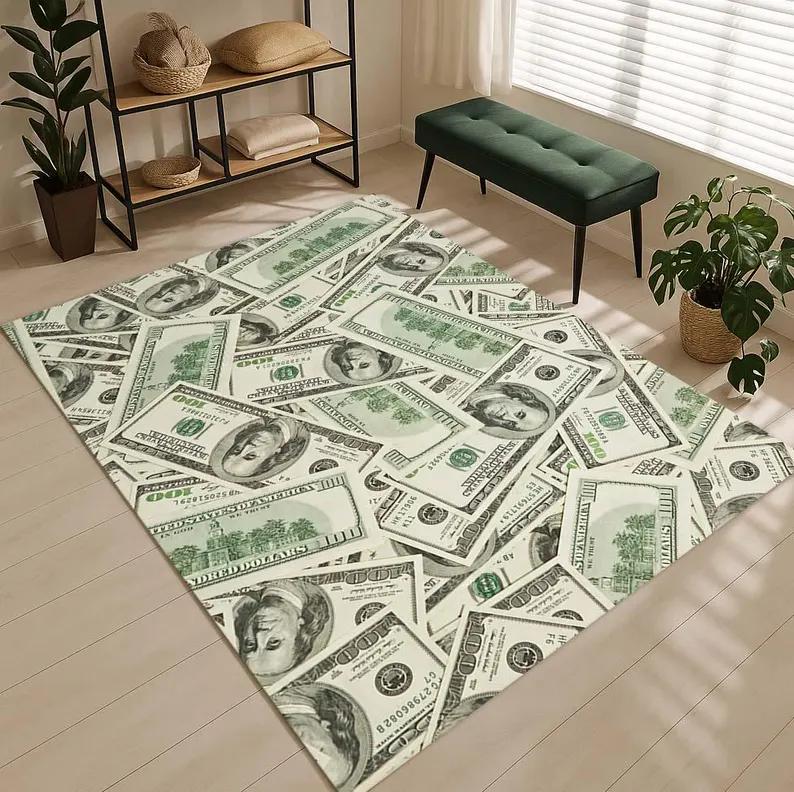 100 Dollar Bill Area Rug Non-Slip Polyester Money Rug Living Room and Bedroom Decoration Carpet